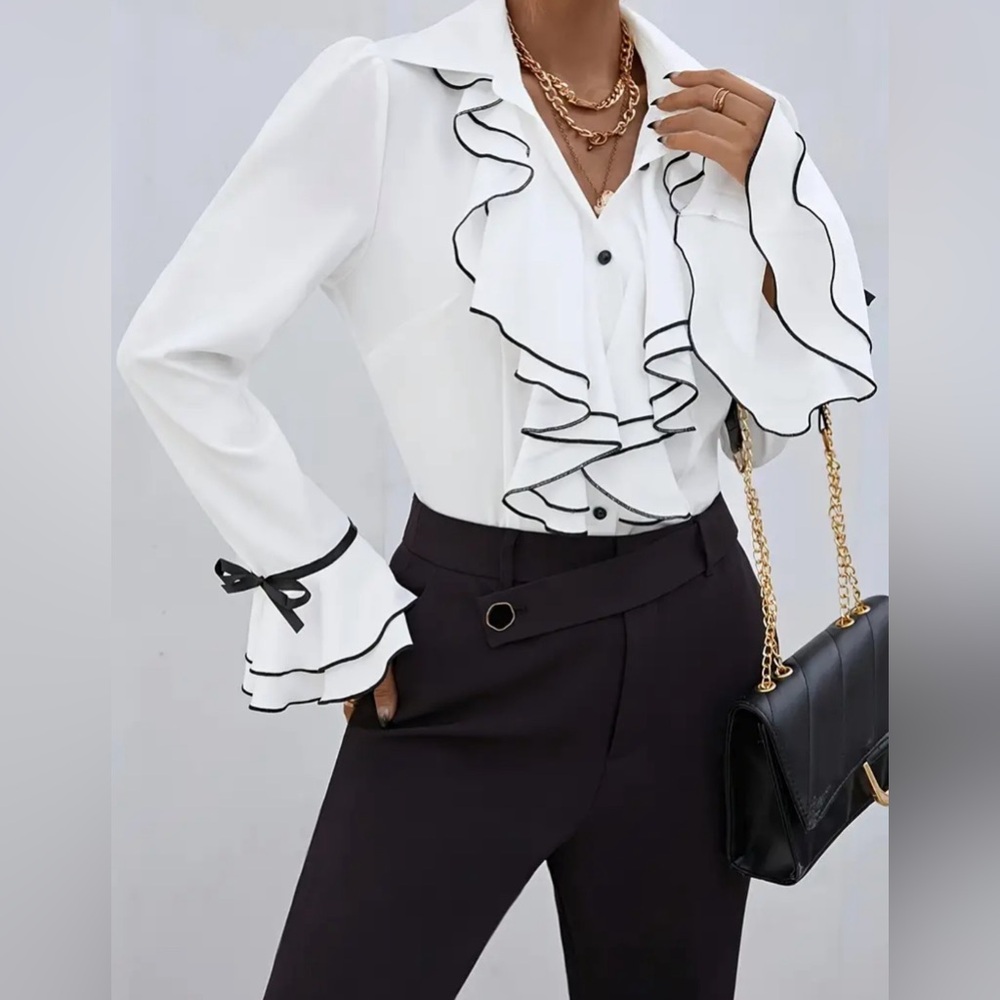 Stylish Ruffle Trim Blouse - Elegant Single-Breasted Flare Sleeve Design